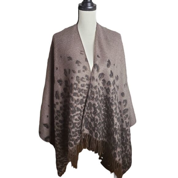 Mixit Brown Black Cheetah Print Fringed Cape Poncho OS - Picture 1 of 6